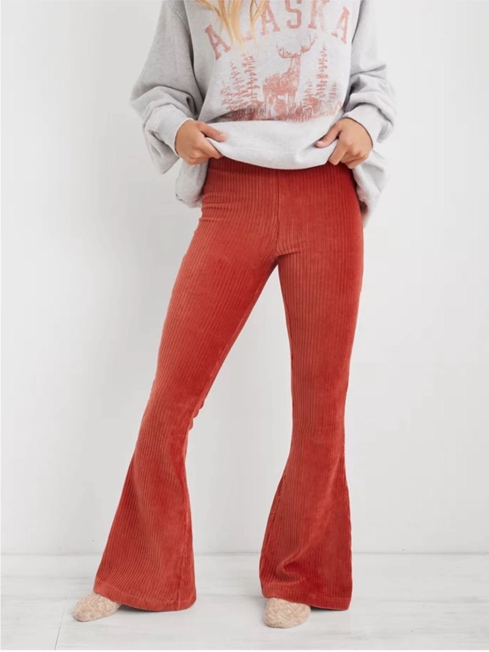 Aerie Groove-On Velour Flare Pants Pull On Cinnabar Women Size Medium
